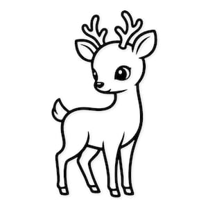 Könnte beinhalten: Schwarz-weiße Cartoon-Illustration eines Hirsches. Der Hirsch hat große Augen, ein Geweih und einen kleinen Schwanz. Der Hirsch steht und schaut zur Seite. Das Bild ist eine einfache Strichzeichnung.
