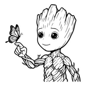 May include: Black and white illustration of a cartoon character resembling a tree, with large eyes and a smiling expression. A butterfly hovers near the character's outstretched finger. The image is a simple line drawing.