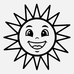 May include: A black and white illustration of a smiling sun with spiky rays. The sun has a cheerful face with large eyes and a wide, happy grin. The design is simple and cartoon-like, suitable for various applications.