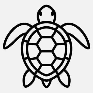 以下が含まれることがあります： 黒と白の線画で描かれたウミガメ。カメは上から見ており、頭、ひれ、甲羅がはっきりと描かれています。甲羅は幾何学模様で、全体的なデザインはシンプルでグラフィックです。