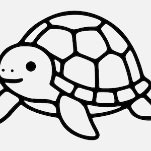 Può includere: Illustrazione a fumetti in bianco e nero di una tartaruga. La tartaruga ha un guscio segmentato, una faccia sorridente e quattro pinne. L'immagine è un semplice disegno a tratteggio.