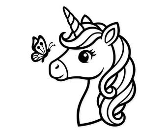May include: Black and white illustration of a unicorn's head with a spiraled horn and flowing mane. A butterfly hovers near the unicorn's face. The design is simple and cartoon-like, suitable for various applications.