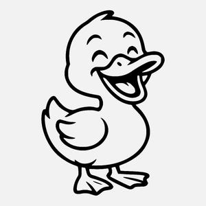 May include: A black and white cartoon illustration of a smiling duckling. The duckling has a large beak, webbed feet, and a round body. The duckling is facing forward and appears to be laughing.