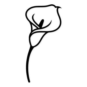 Könnte beinhalten: Eine schwarz-weiße Strichzeichnung einer Calla-Lilie. Die Blume hat eine gebogene, trompetenartige Form mit einem markanten zentralen Staubblatt. Der Stiel ist lang und schlank und erzeugt ein elegantes und minimalistisches Design.