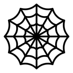 Könnte beinhalten: Schwarz-weiße Grafik eines Spinnennetzes. Das Netz ist kreisförmig mit einem detaillierten Muster aus sich kreuzenden Linien, die von einem zentralen Punkt ausgehen. Das Design ist eine einfache, saubere Illustration.