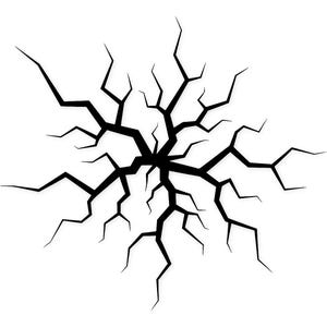 May include: A black graphic depicting a crack spreading outwards from a central point. The jagged lines form a starburst pattern on a white backdrop. The design is simple and striking.