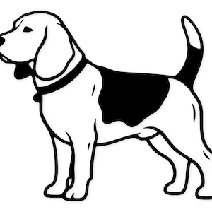 Puede incluir: Ilustración en blanco y negro de un perro Beagle en posición de pie. El perro tiene un collar negro y una mancha negra en la espalda. La cola del Beagle está levantada y mira hacia la izquierda.