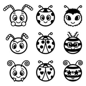Puede incluir: Nueve ilustraciones de dibujos animados en blanco y negro de insectos. Los insectos incluyen una abeja, mariquitas y otros insectos con varias antenas y expresiones faciales. Los insectos son redondos con caras sonrientes y sobre un fondo blanco.