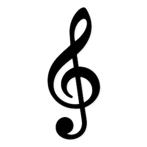 May include: A black treble clef symbol against a white background. The musical symbol is a stylized, cursive design with a rounded head, a vertical stem, and a curved tail. The clef is commonly used in musical notation to indicate the pitch of the notes.
