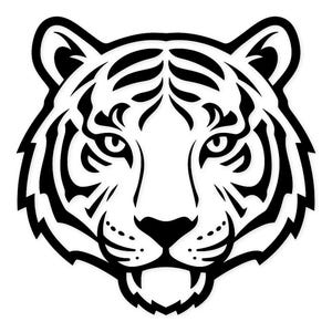 Op de afbeelding: Een zwart-wit illustratie van een tijgerkop. Het gezicht van de tijger is gecentreerd, met gedetailleerde strepen en gelaatstrekken. Het ontwerp is gedurfd en grafisch, geschikt voor diverse toepassingen.