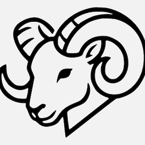 May include: A black and white line drawing of a ram's head, featuring large curved horns and a detailed outline. The ram's head is in profile, with a focus on the horns and facial features, set against a plain background.