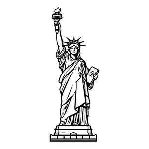 May include: Black and white line art illustration of the Statue of Liberty. The statue is depicted in a standing pose, holding a torch in her raised right hand and a tablet in her left hand. She wears a crown with spikes.