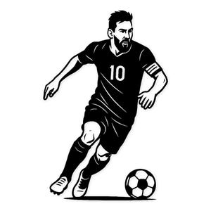 Peut inclure: Illustration en noir et blanc d'un joueur de football en action, dribblant un ballon. Le joueur porte un maillot noir avec le numéro 10 et un short noir. Fond blanc.