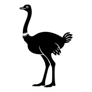 Peut inclure: Silhouette noire d'une autruche sur fond blanc. L'autruche est représentée de profil, avec son long cou et ses longues pattes. Les plumes de l'oiseau sont détaillées, et le design est simple et élégant. Illustration minimaliste.
