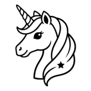 Peut inclure: Illustration en noir et blanc d'une tête de licorne. La licorne a une corne en spirale, une crinière flottante avec une étoile et une expression souriante. Le design est simple et graphique, adapté à diverses applications.