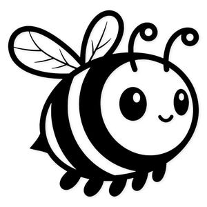 Könnte beinhalten: Schwarz-weiße Cartoon-Illustration einer Biene. Die Biene hat einen runden Körper mit schwarz-weißen Streifen, große Augen und einen lächelnden Mund. Sie hat zwei Fühler und zwei Flügel.