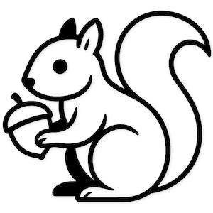 May include: A black and white cartoon illustration of a squirrel holding an acorn. The squirrel has a fluffy tail and is smiling. The image is a simple, clean design, perfect for stickers or other crafts.