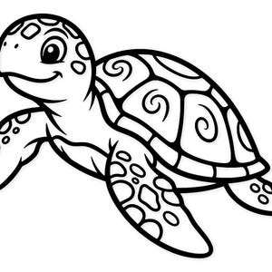 Op de afbeelding: Een zwart-wit illustratie van een zeeschildpad. De schildpad heeft een lachend gezicht, met een patroon op de schild en vinnen. Het ontwerp is eenvoudig, met dikke zwarte contouren en witte vulling.