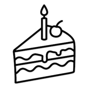 May include: A black and white line drawing of a slice of cake. The cake has three layers, with a wavy design on top. A lit candle and a cherry are on top of the cake. The cake is a triangular shape.