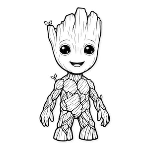 May include: Black and white illustration of a cartoon character resembling a tree-like humanoid. The character has a smiling face with large eyes, a wooden textured body, and small leaves sprouting from its head and shoulders.