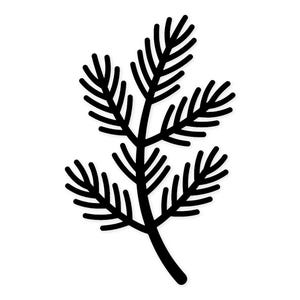 May include: A black and white illustration of a plant sprig. The sprig features a central stem with multiple smaller branches extending outwards. Each branch has several small, pointed leaves. The background is plain white.