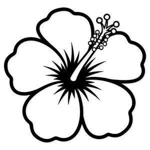 Op de afbeelding: Zwart-wit illustratie van een hibiscusbloem. De bloem heeft vijf grote, afgeronde bloemblaadjes met een dikke zwarte omtrek. Het midden heeft een donkere, stekelige kern en een prominente meeldraad met meerdere kleine stippen en afgeronde uiteinden.
