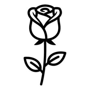 May include: A black and white line drawing of a rose. The rose features a detailed bud, a stem, and two leaves. The image is a simple, elegant illustration, suitable for various applications.