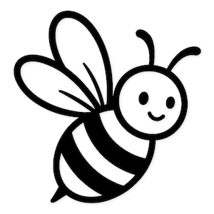Op de afbeelding: Een zwart-wit cartoon illustratie van een vliegende bij. De bij heeft een lachend gezicht, antennes en een gestreept lichaam. De vleugels zijn zwart omlijnd.