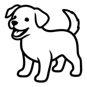 May include: A black and white cartoon illustration of a smiling dog. The dog is depicted standing with its mouth open, tongue visible, and tail curled upwards. The outline is thick and bold, set against a white background.