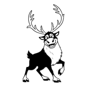 May include: A black and white cartoon illustration of a reindeer with large antlers. The reindeer has a white chest and a smiling face, with its front legs raised as if in motion. The image is set against a white background.