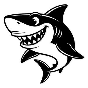 Puede incluir: Ilustración de un tiburón de dibujos animados en blanco y negro. El tiburón sonríe, con sus afilados dientes a la vista. La imagen es un diseño gráfico de un tiburón con vientre blanco y aleta dorsal negra.