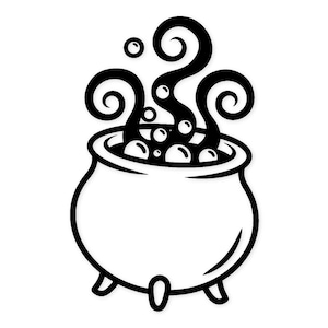 Puede incluir: Ilustración en blanco y negro de un caldero con líquido burbujeante y vapor arremolinado. El caldero tiene tres patas pequeñas y una forma redondeada. Las burbujas y el vapor se elevan desde la parte superior, creando un efecto espeluznante y mágico, perfecto para Halloween.