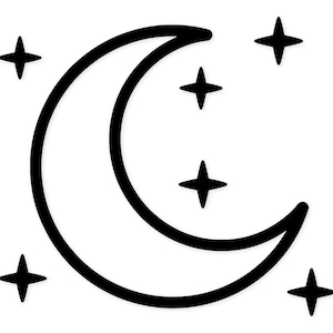 Peut inclure: Illustration en noir et blanc d'un croissant de lune et de quatre étoiles. La lune est une forme incurvée épaisse, et les étoiles sont des formes à quatre pointes. Le design est simple et graphique, sur fond blanc.
