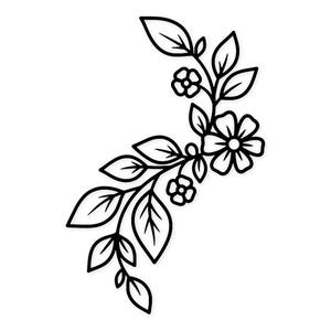 Puede incluir: Diseño floral en blanco y negro con hojas y flores. La ilustración presenta una delicada disposición curva de hojas y flores, ideal para aplicaciones decorativas y proyectos de manualidades.