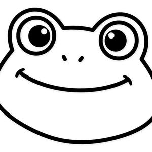 Op de afbeelding: Een cartoon illustratie van een kikkergezicht. De afbeelding toont een kikkergezicht met grote, ronde ogen, zwarte pupillen en een lachende mond. De kikker is zwart omlijnd tegen een witte achtergrond, wat een eenvoudig, vrolijk ontwerp creëert.
