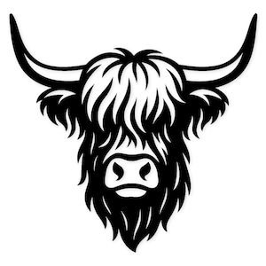 May include: A monochrome illustration of a Highland cow's head. The cow features long, shaggy fur, a prominent nose, and large curved horns. The image is a simple graphic design, suitable for wall art or stickers.