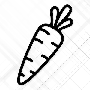May include: A black and white illustration of a carrot. The carrot is outlined in black, with details including the leaves and horizontal lines. The background is white with a subtle geometric pattern.