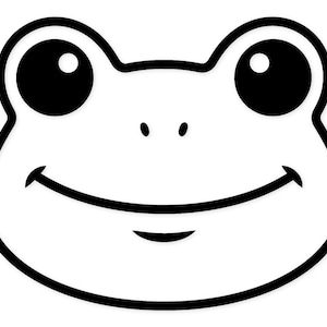 May include: A black and white cartoon frog face with large, round eyes and a smiling mouth. The frog's face is outlined in black, with a white background.