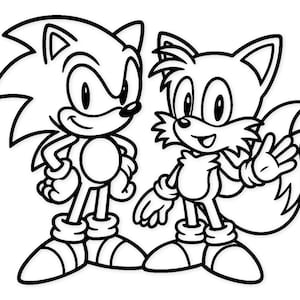 May include: Black and white illustration of Sonic the Hedgehog and Tails. Sonic is standing with his arms crossed, and Tails is waving. Both characters are smiling and wearing shoes and gloves.