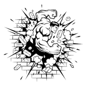 May include: A monochrome illustration depicts a powerful figure bursting through a brick wall. The figure, with a clenched fist, is breaking the wall. The wall is shown crumbling, with debris and sharp lines emphasizing the impact.