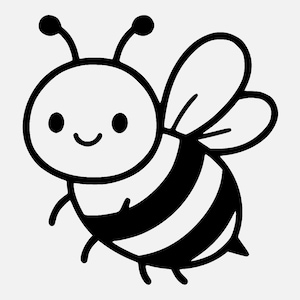 May include: A cartoon illustration of a bee in black and white. The bee has a round head with two antennae, a smiling face, and a striped body. The bee's wings are spread, and it appears to be flying.