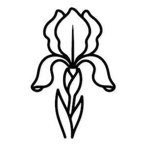 May include: A black and white line drawing of an iris flower. The flower has six petals, three upright and three drooping, with a stem and leaves. The image is a simple, elegant illustration of a floral design.