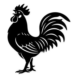 May include: A black silhouette of a rooster with detailed feathers, a comb, and a wattle. The rooster is depicted in a side profile, with its beak open as if crowing. The design is against a white background, creating a high-contrast image.