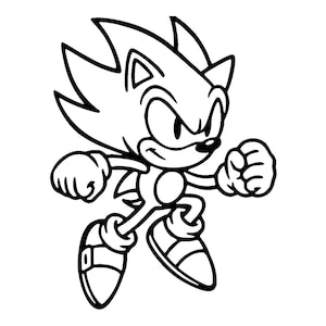 Könnte beinhalten: Schwarz-Weiß-Illustration von Sonic the Hedgehog in einer Laufpose. Die Figur hat stachelige Haare, einen entschlossenen Gesichtsausdruck und trägt Handschuhe und Schuhe. Das Bild ist eine Cartoon-Zeichnung.