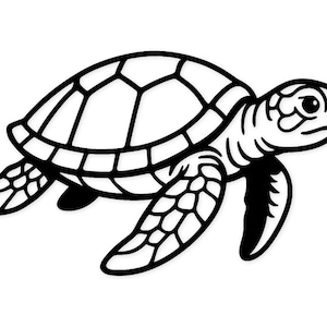 May include: A black and white illustration of a sea turtle. The turtle's shell is segmented with a geometric pattern. The flippers are detailed with a textured design. The turtle is depicted in a swimming pose, with its head and flippers extended.