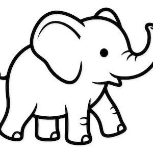 May include: A black and white cartoon illustration of a baby elephant. The elephant is facing right, with its trunk raised. The elephant has large ears, a small tail, and is walking on four legs.