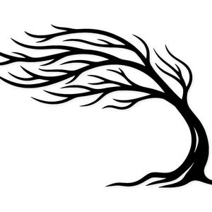 Puede incluir: Silueta negra de un árbol que se inclina hacia la izquierda, con sus ramas y hojas soplando en el viento. El tronco del árbol se curva con gracia y sus raíces son visibles en la base. El fondo es blanco liso.