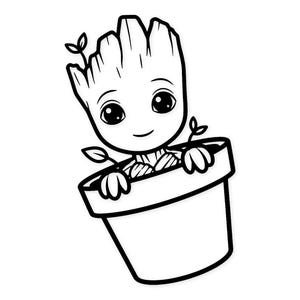 Puede incluir: Ilustración en blanco y negro de un personaje de dibujos animados, Baby Groot, en una maceta. El personaje tiene ojos grandes, una expresión sonriente y hojas en la cabeza. La maceta tiene un diseño simple.