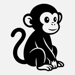 Könnte beinhalten: Schwarz-weiße Cartoon-Illustration eines Affen in sitzender Position. Der Affe hat einen runden Kopf, große Augen und einen lächelnden Ausdruck. Sein Schwanz ist eingerollt, und seine Hände und Füße sind sichtbar.