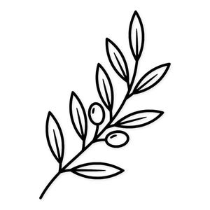 May include: A black and white line drawing of an olive branch. The branch has several oval olives and long leaves. The design is simple and elegant, suitable for various applications.